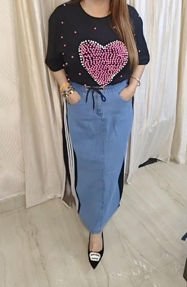 Denim strip causal maxi skirt fully elasticated