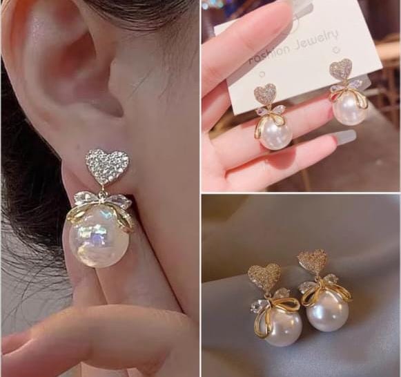 Elegant Pearl Heart Bow Earrings – A Touch of Glamour