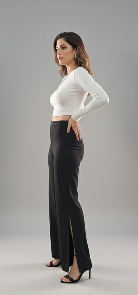 Women high waist side slit straight Pant  black