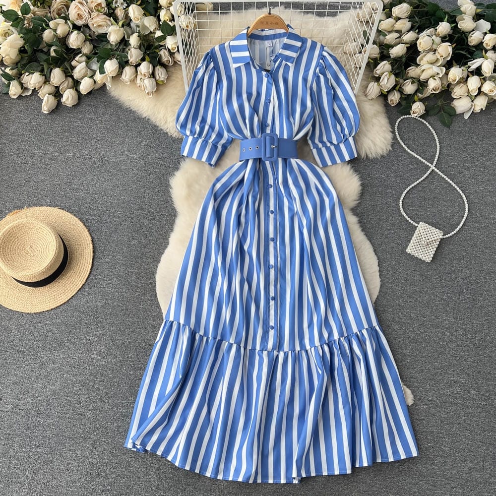 Premium cotton strip dress with belt