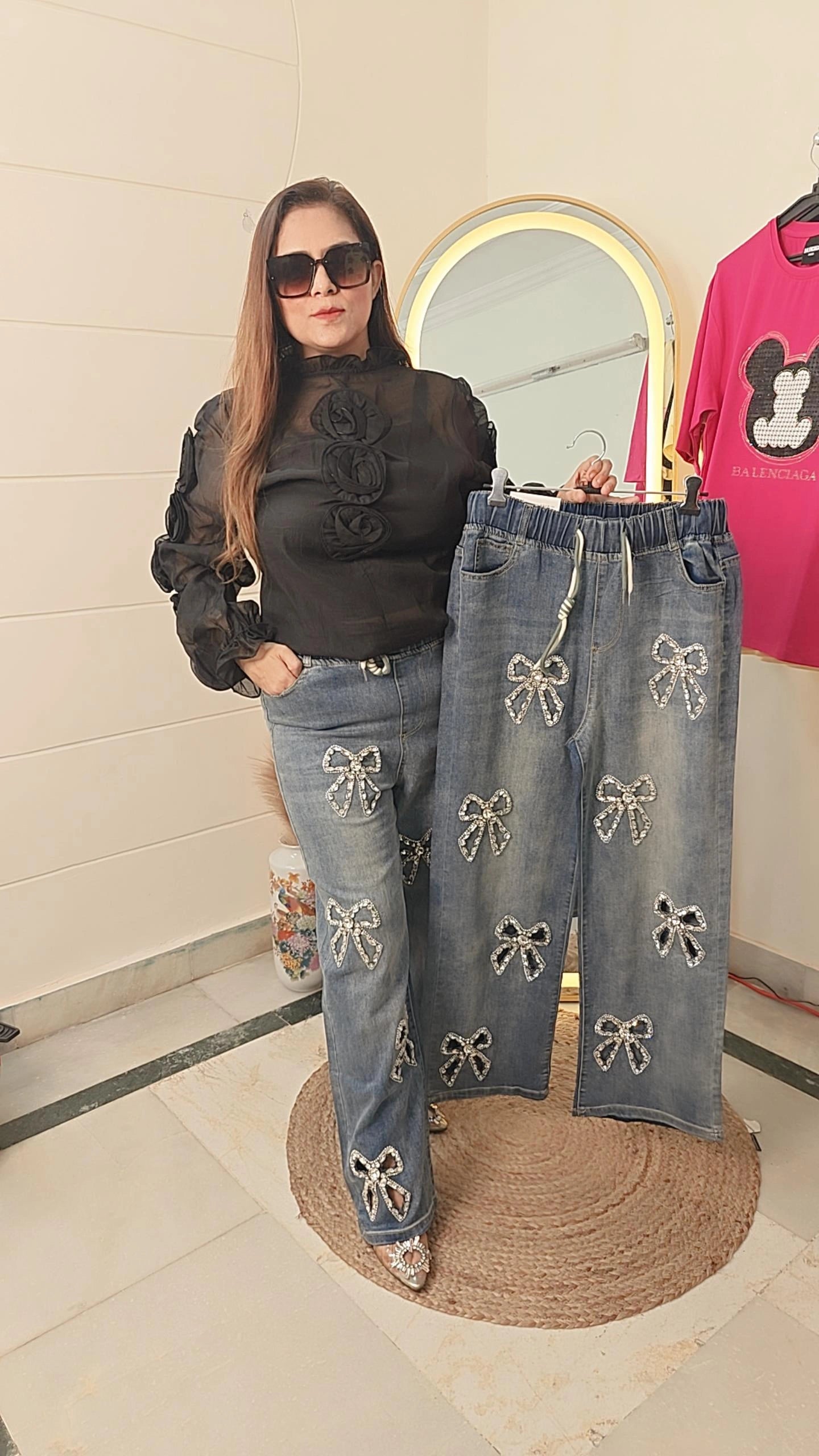 "Sequin Bow Jeans – Sparkle with Every Step ✨