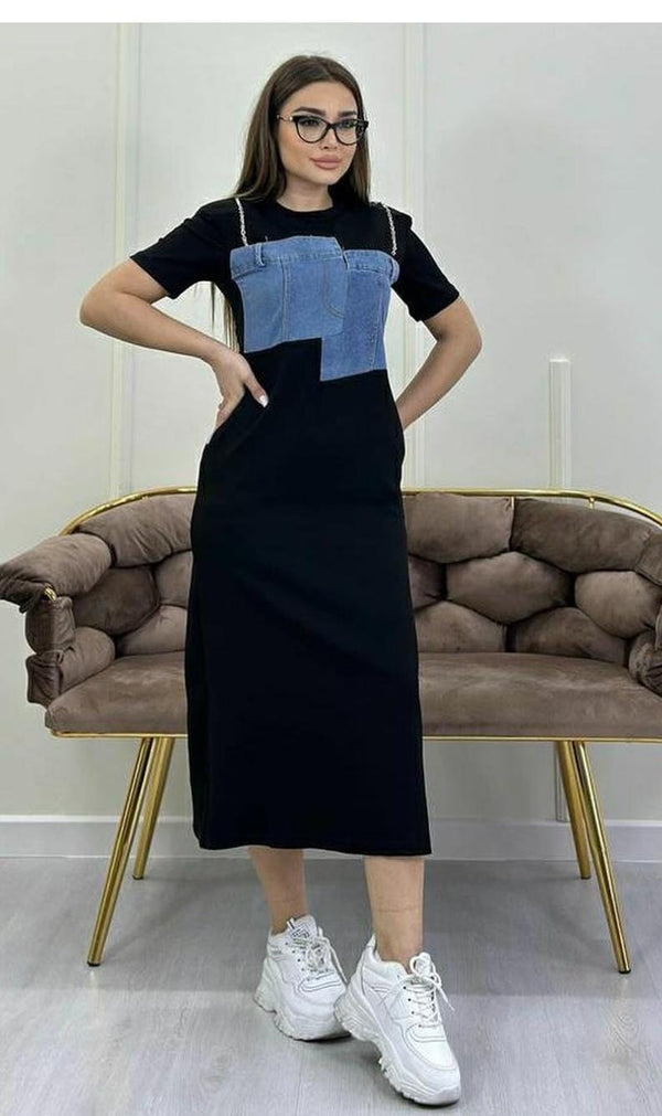 "Denim Fusion Black Midi Dress"