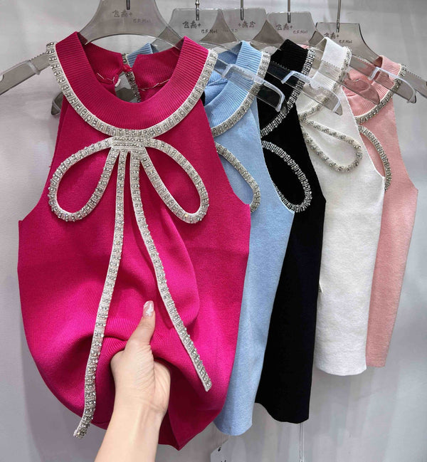 Glam Bow Bling Halter Top – Crystal Embellished Chic