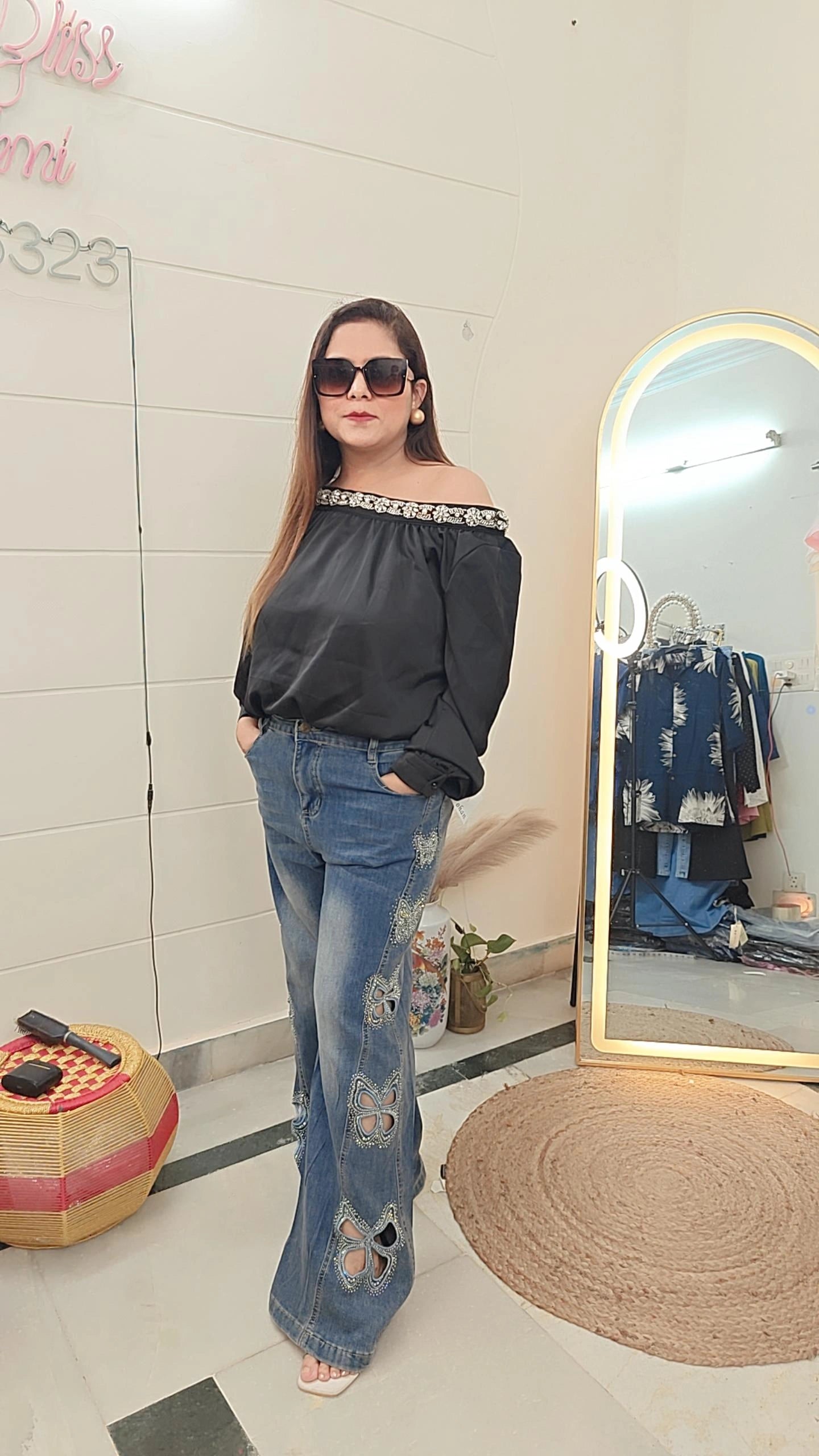 Crystal Neckline Off-Shoulder Style top