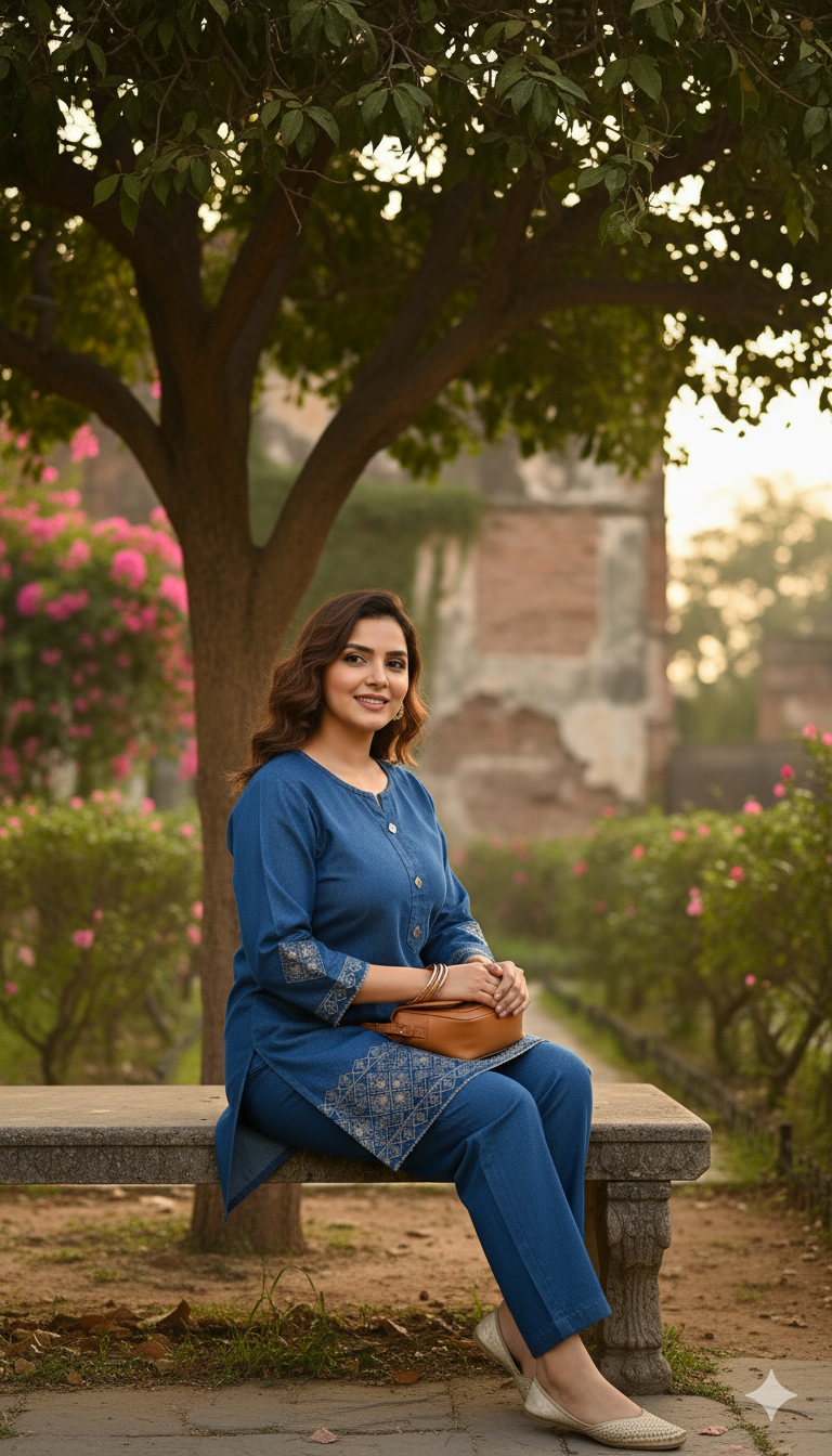 Classy in blue statement denim embroidery cordset