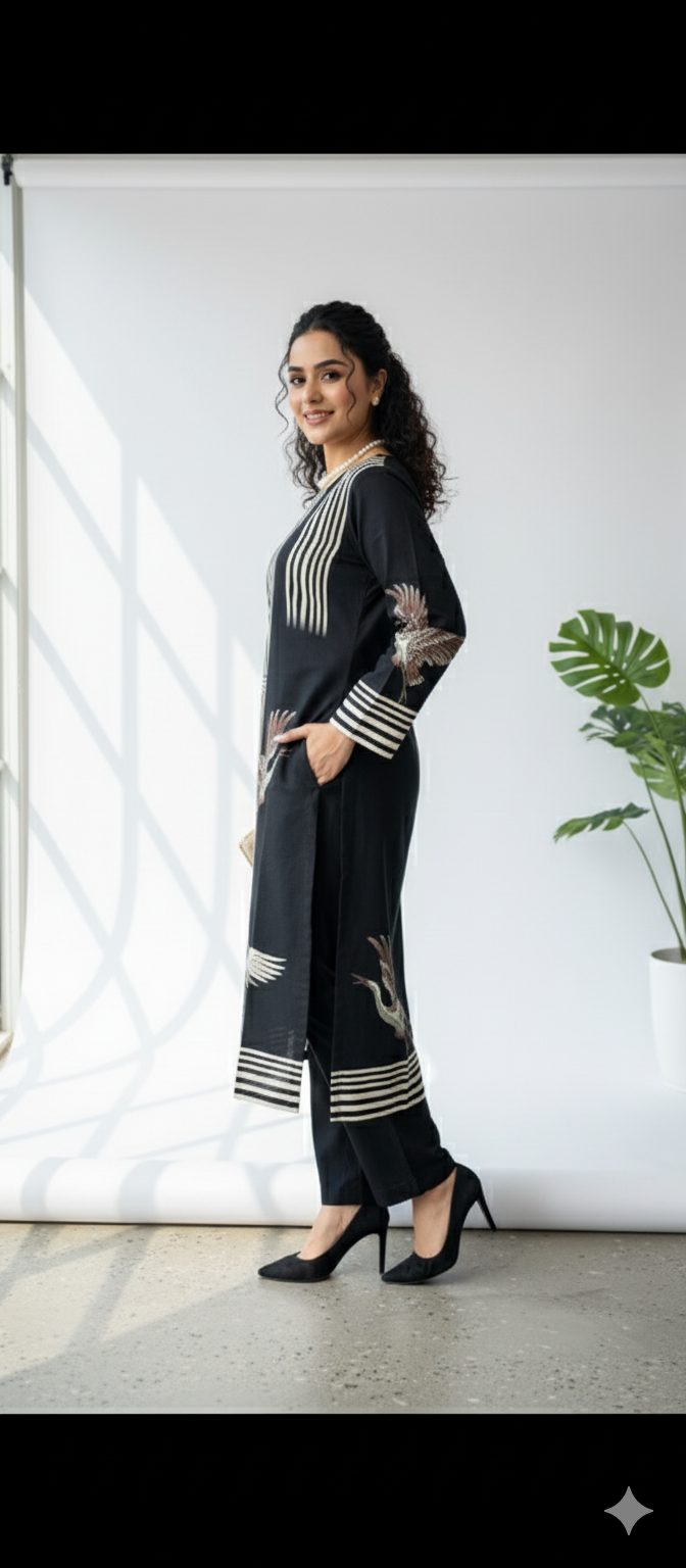 Elegant Black Bird-Print Cordset