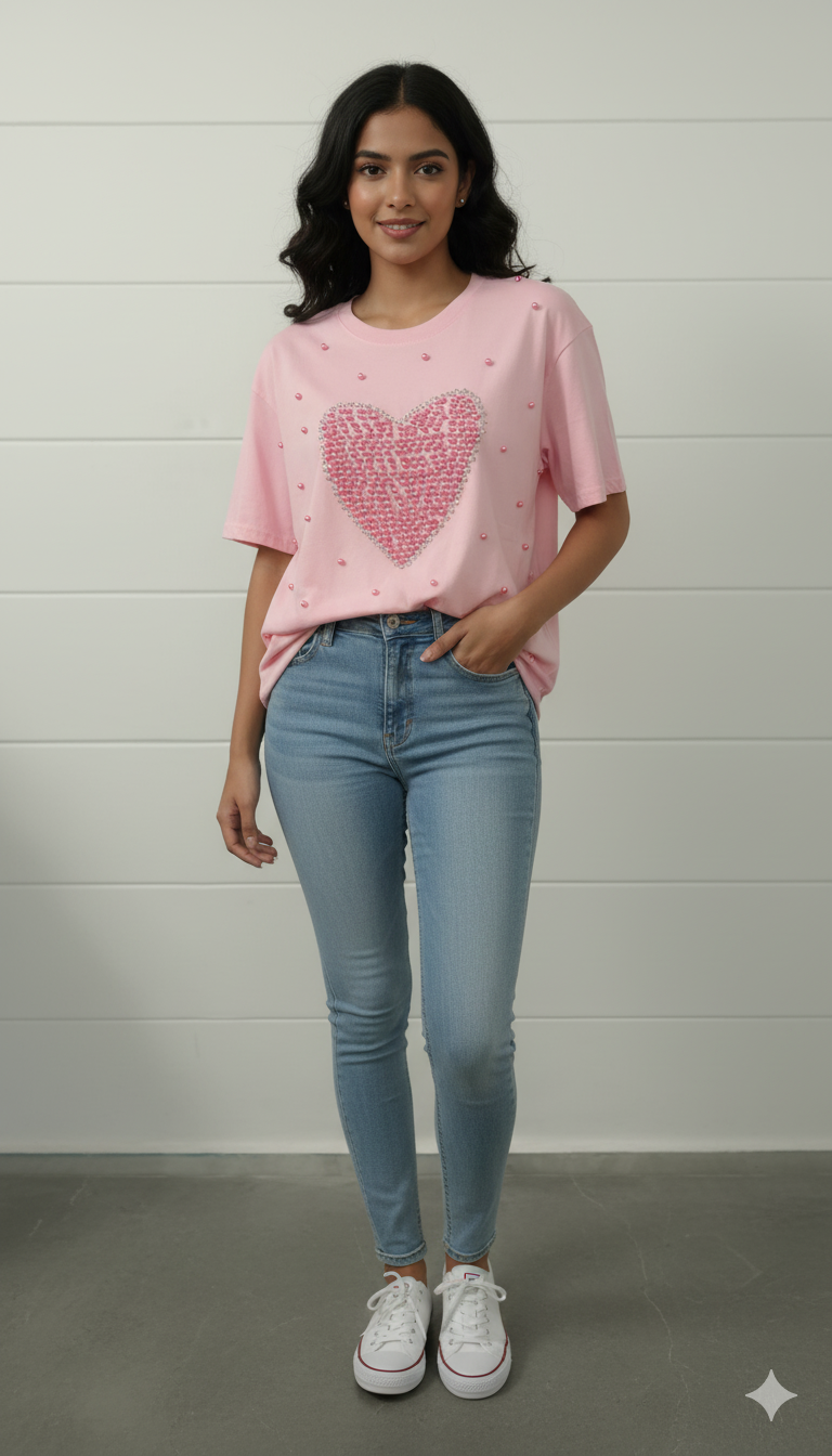 Women pearl heart tshirt top