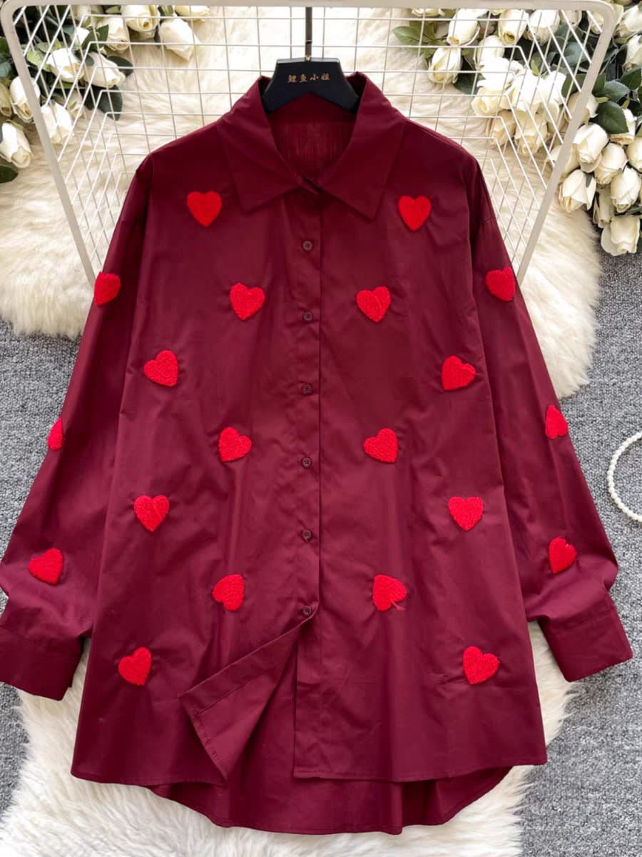 Chic Button-Up Shirt with Red Heart Embroidery