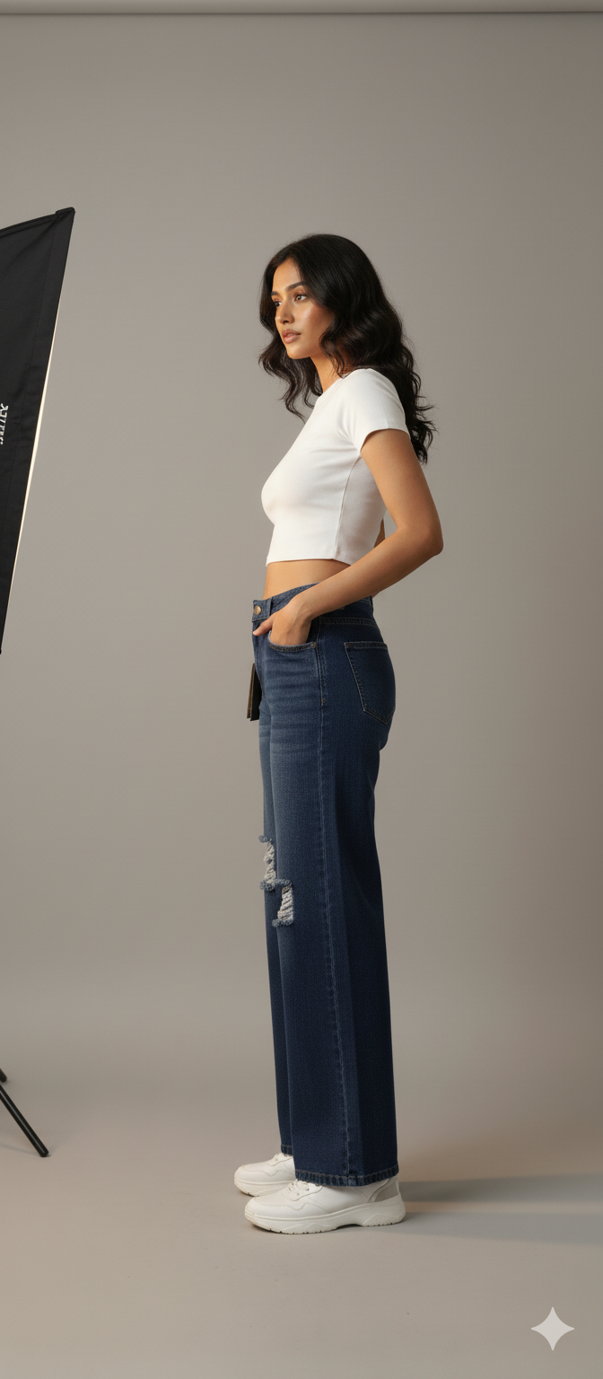 High-Waist Distressed Wide-Leg Jeans