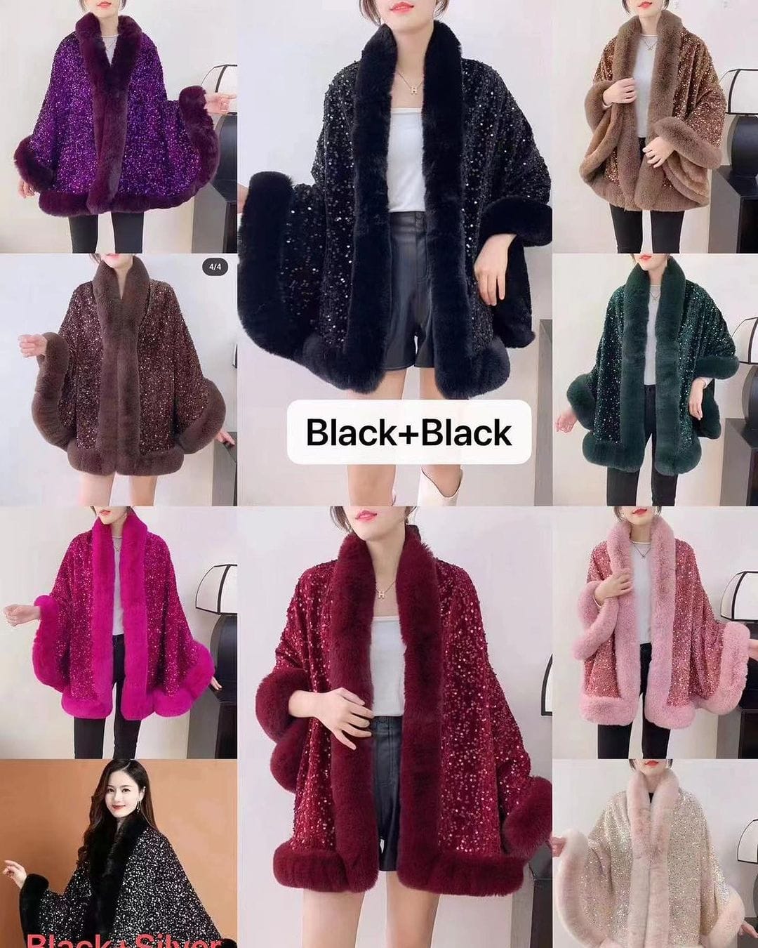 Luxurious and cozy—this fur-trimmed sequin cape