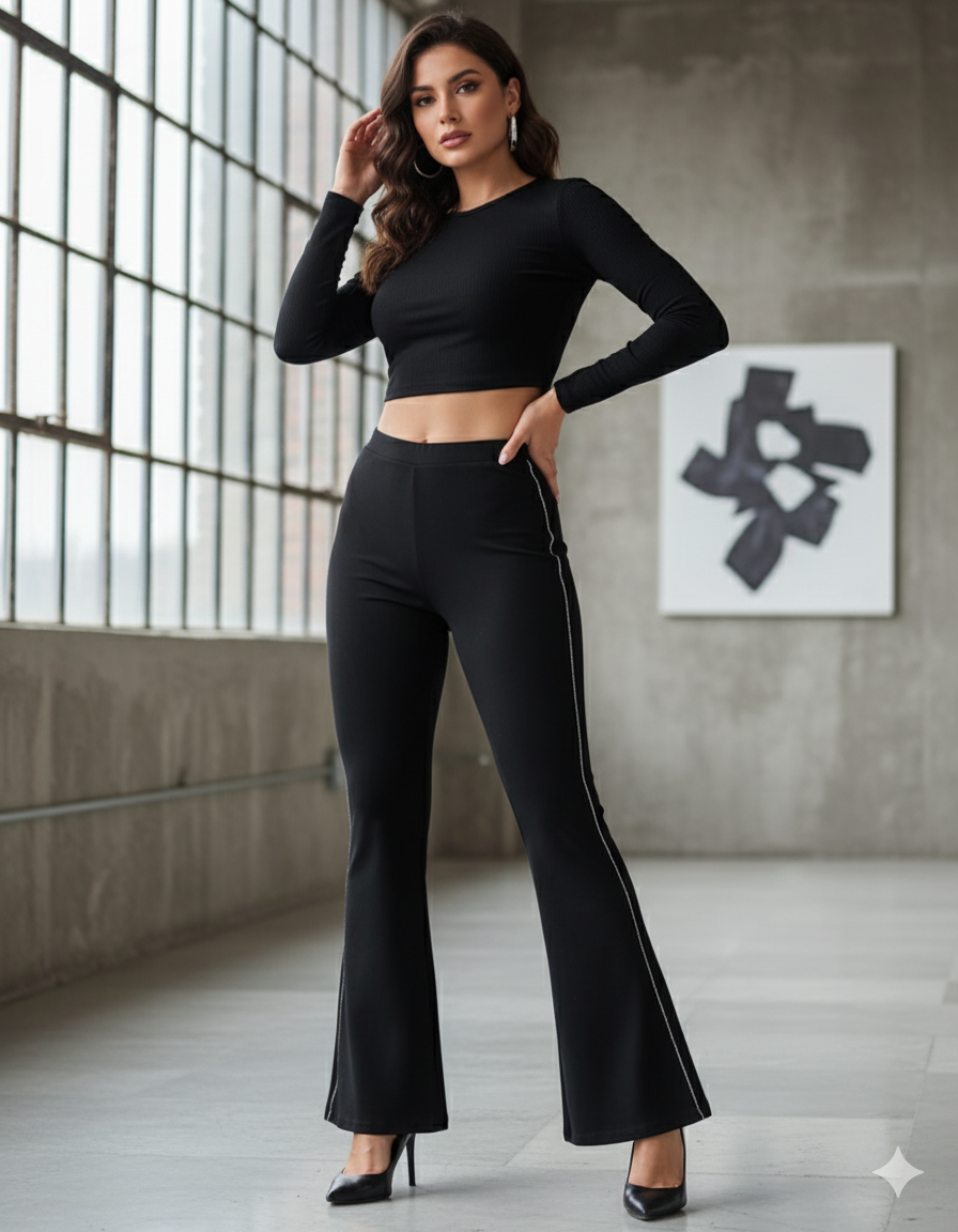 "Black Glam Sequin Stripe Flared bellbottom  pant