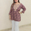 Elegant purple Printed Short Kurti with  Embroidery