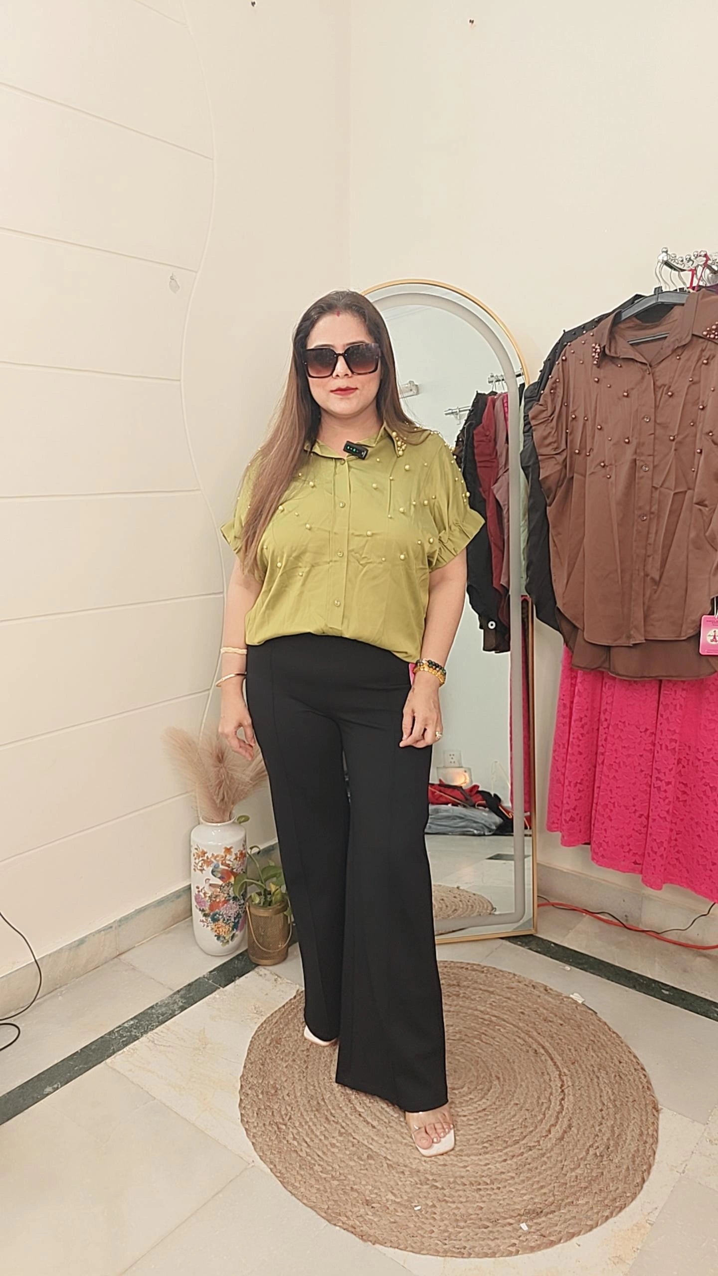 Pearl studded chic elegant satin shirt