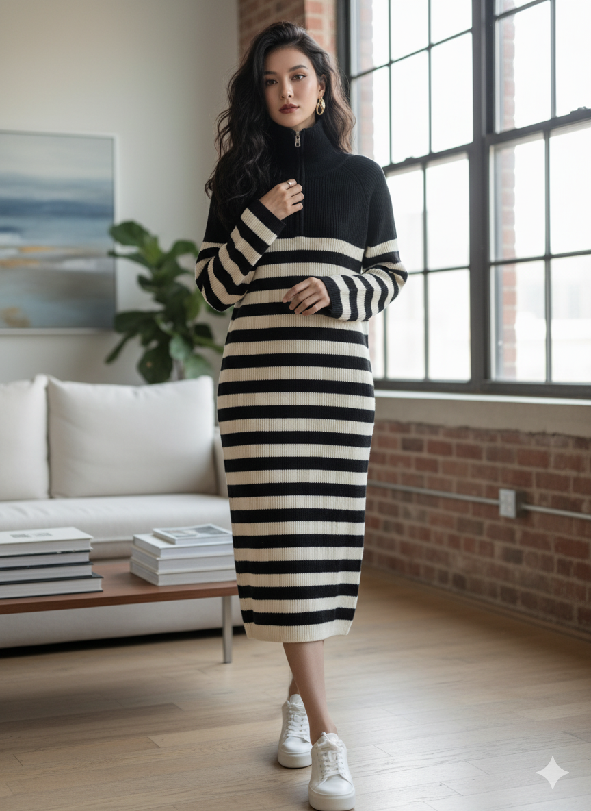 Chic Winter Stripes Midi Dress