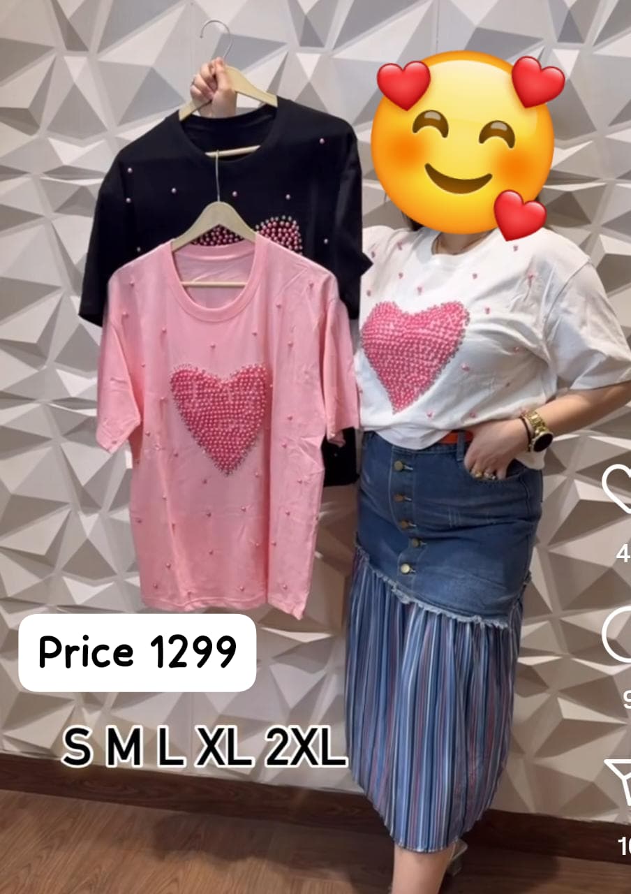 Women pearl heart tshirt top