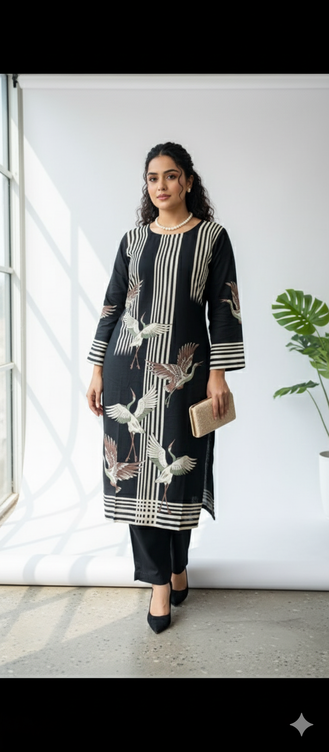 Elegant Black Bird-Print Cordset
