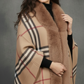 Premium Fur  Collar Checkered poncho / cape