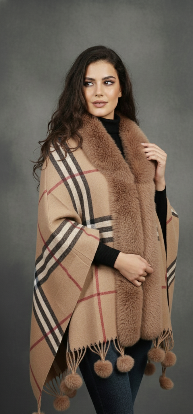 Premium Fur  Collar Checkered poncho / cape