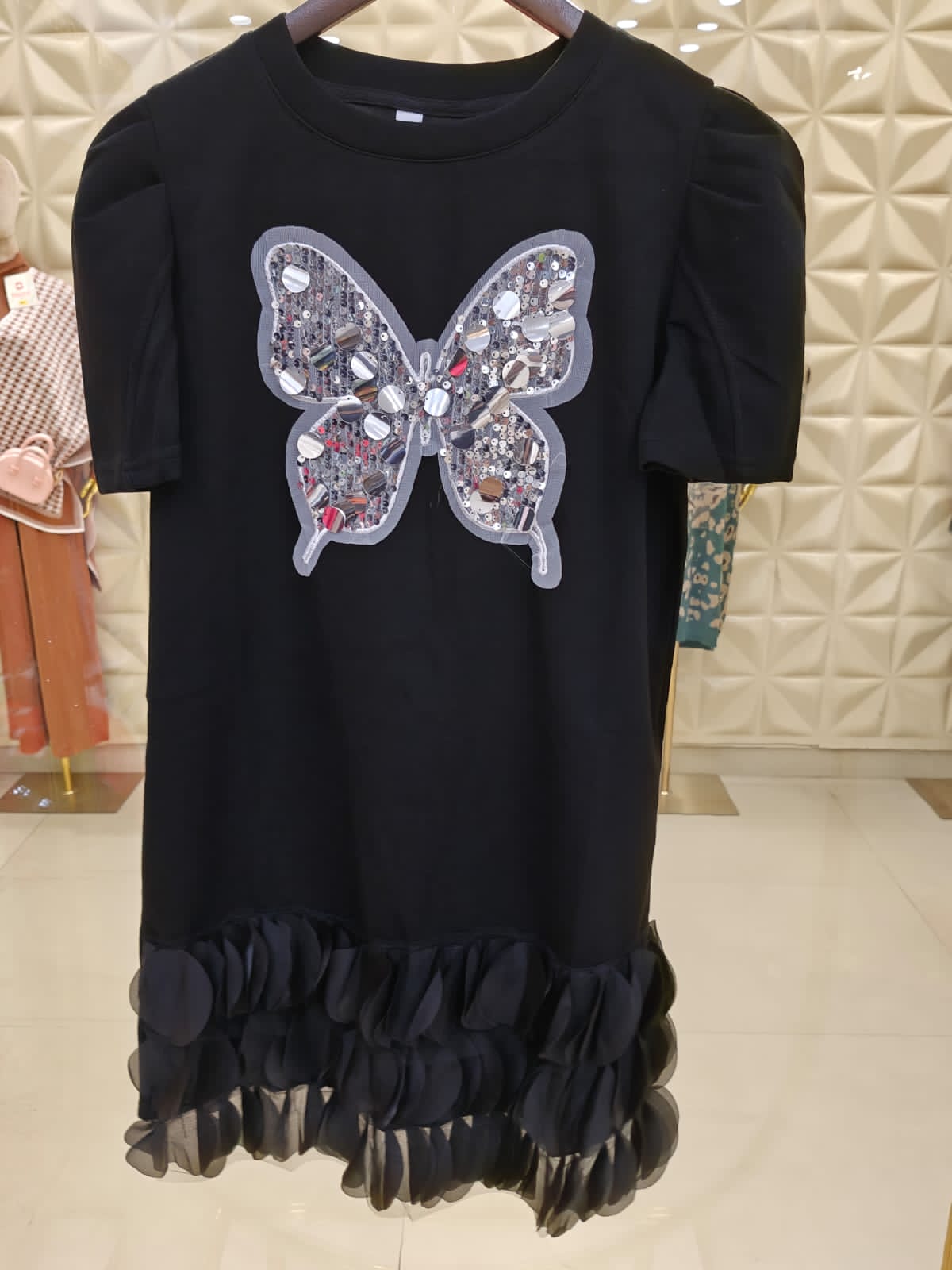 "Elegant  Butterfly Embellished Dress with Ruffle Hem"