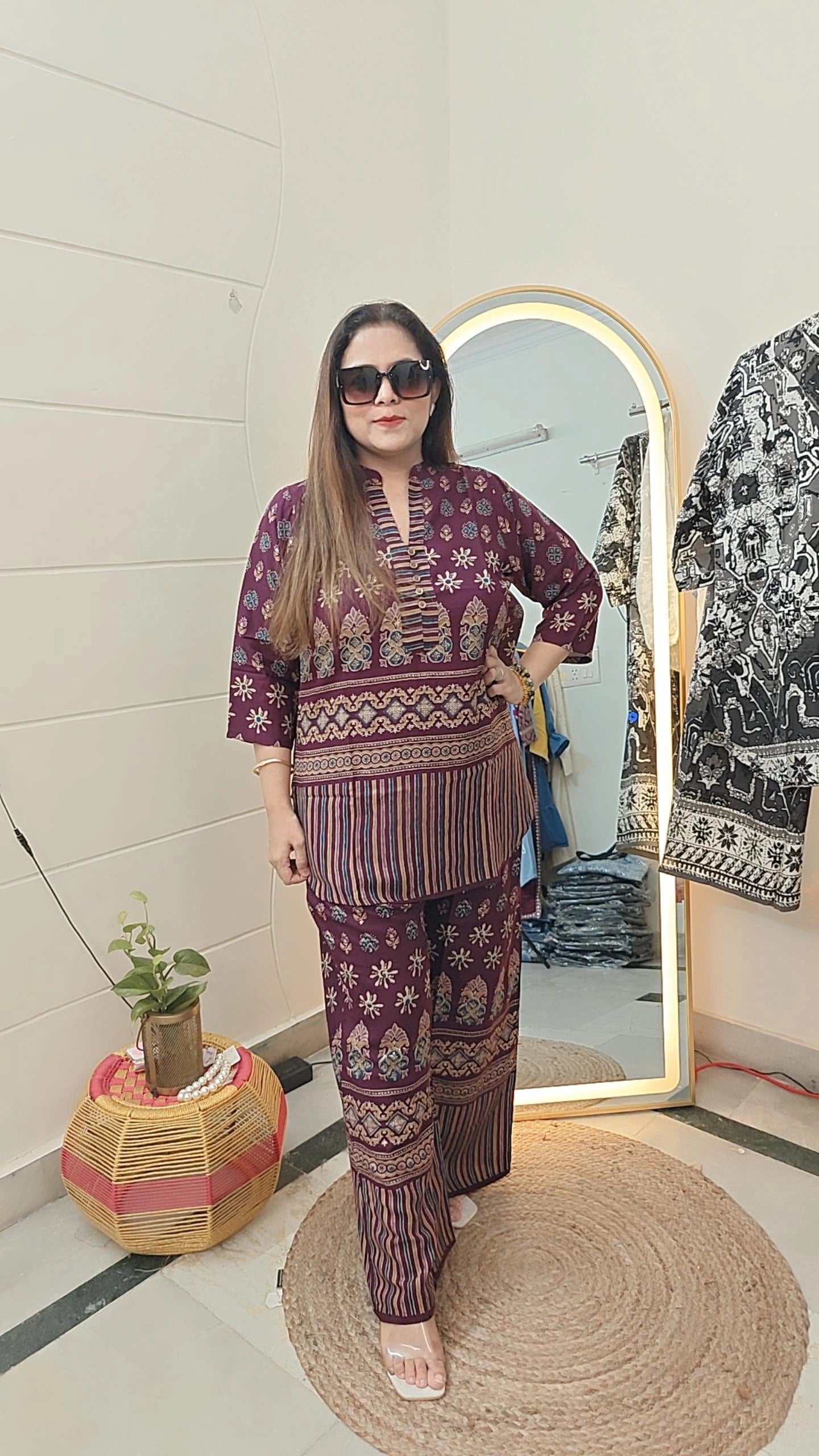 "Boho Bloom Kurta-Pant Set in Deep Wine"