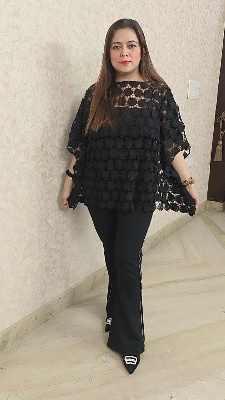 "Elegant Floral Lace Cape Top"