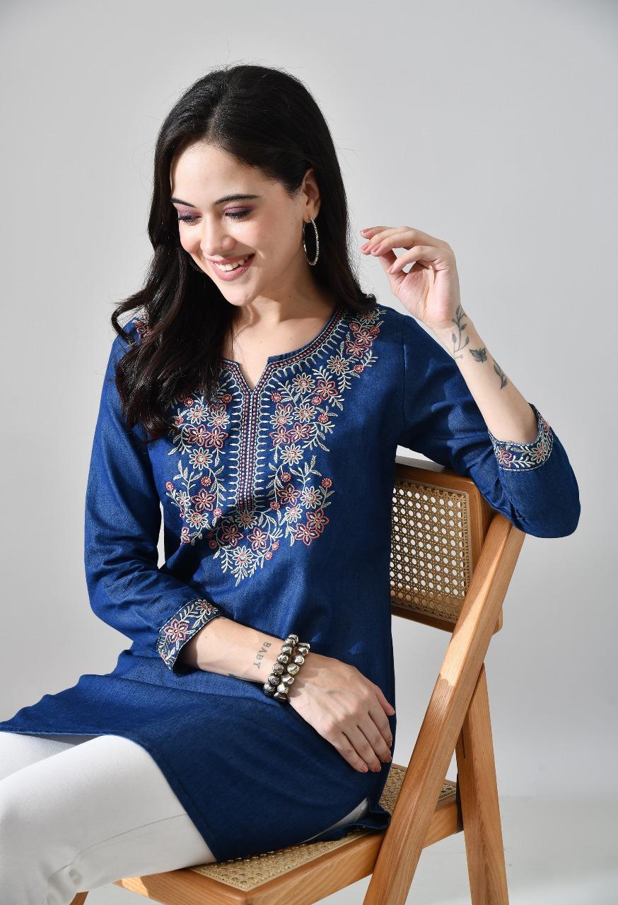 Elegant Denim-Blue Threadwork short kurti