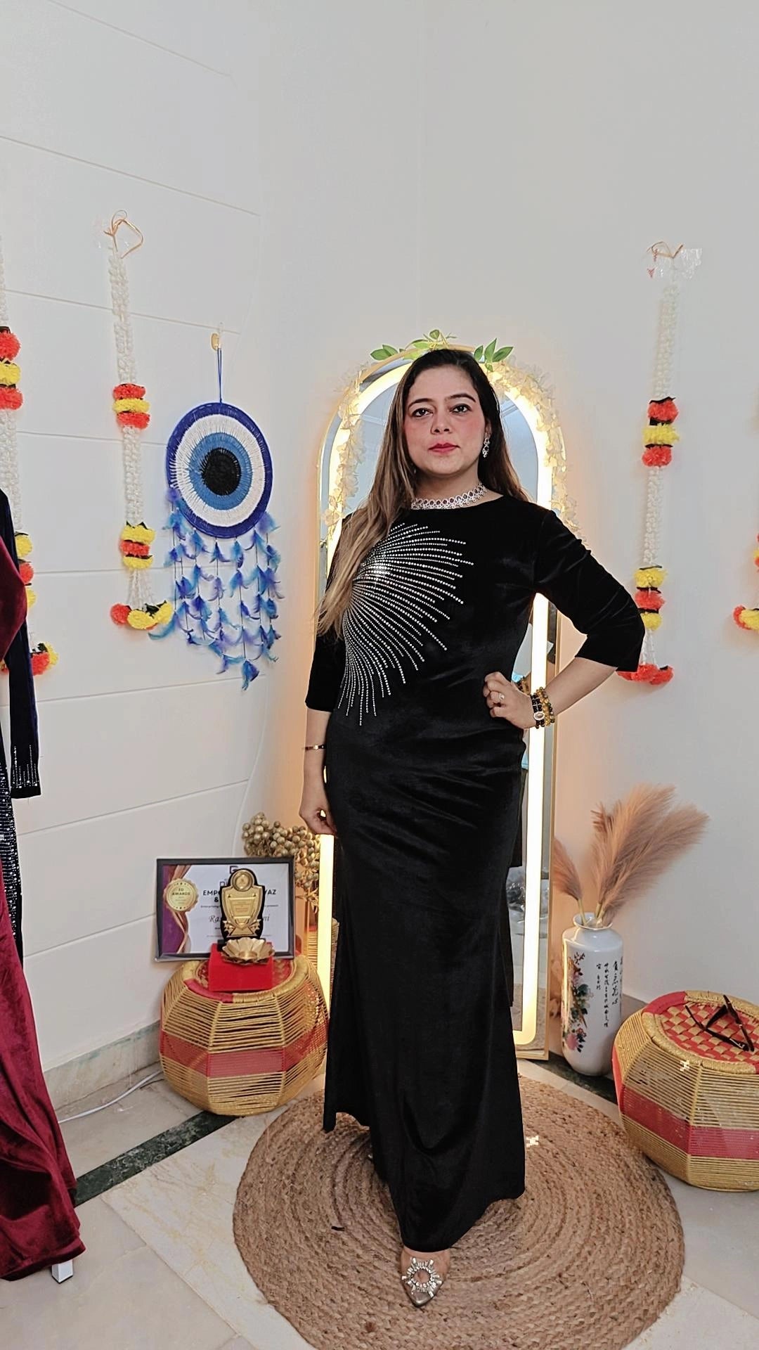 Velvet dress with designer diamond work