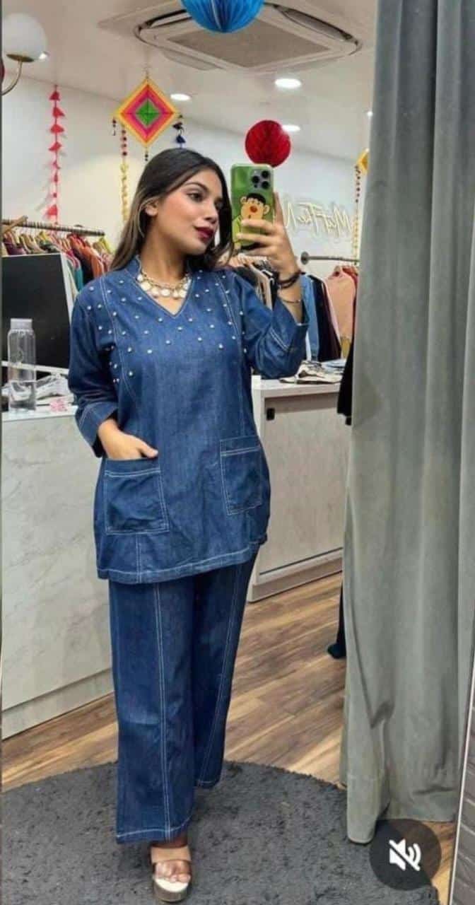 Denim Dreams: Studded V-Neck Top with Matching Wide-Leg Pants"