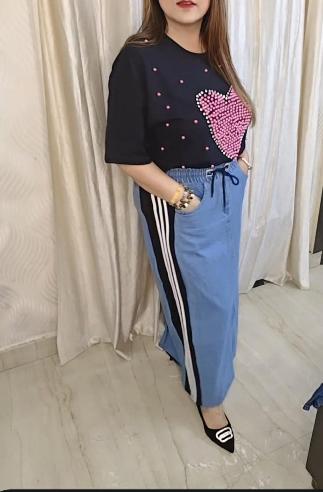 Denim strip causal maxi skirt fully elasticated