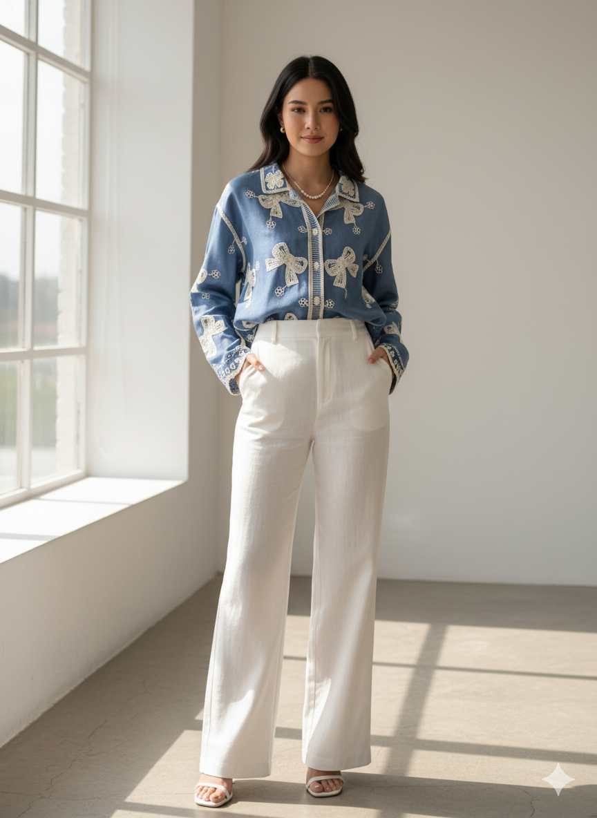 "Chic Bow Embroidered Denim Shirt"