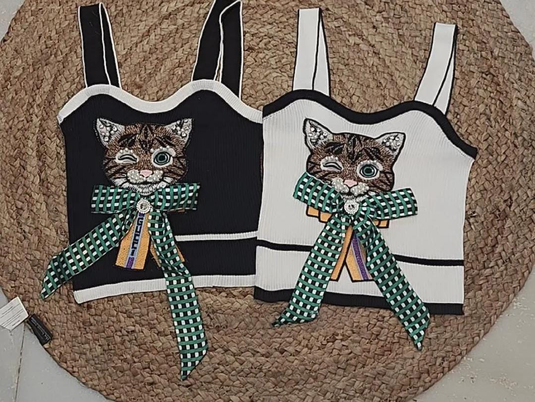 "Feline Elegance: Pearl-Embellished Cat Tank"