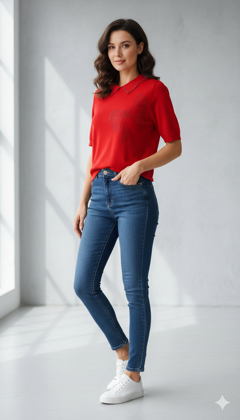 Embellished Collared Knit Top