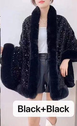 Luxurious and cozy—this fur-trimmed sequin cape