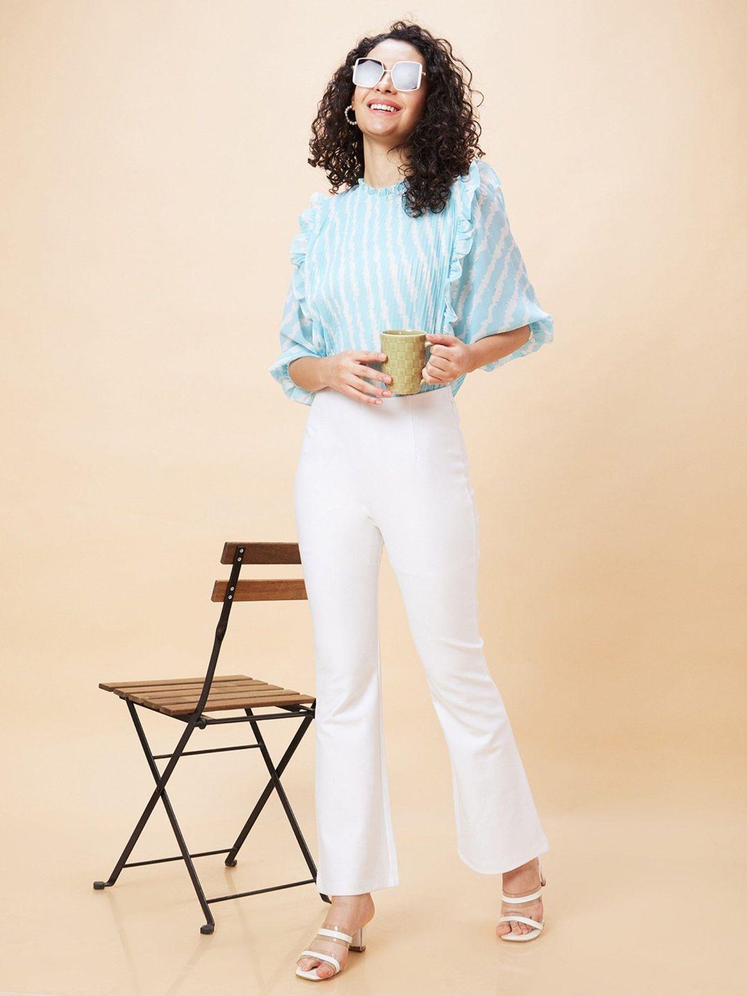 Women White Opaque Stretchable High-Rise Flat Front Bootcut Trousers
