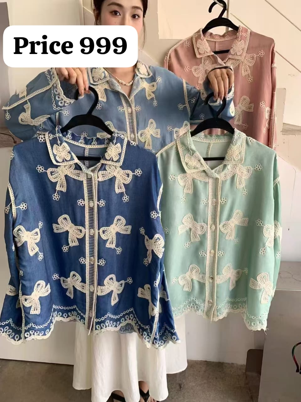 "Chic Bow Embroidered Denim Shirt"