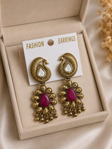 Antique Gold Peacock Drop Earrings with Stone