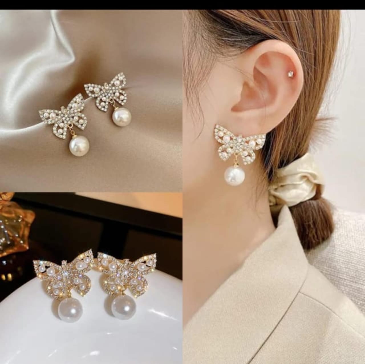 Butterfly Grace: Sparkling Pearl Drop Earrings"