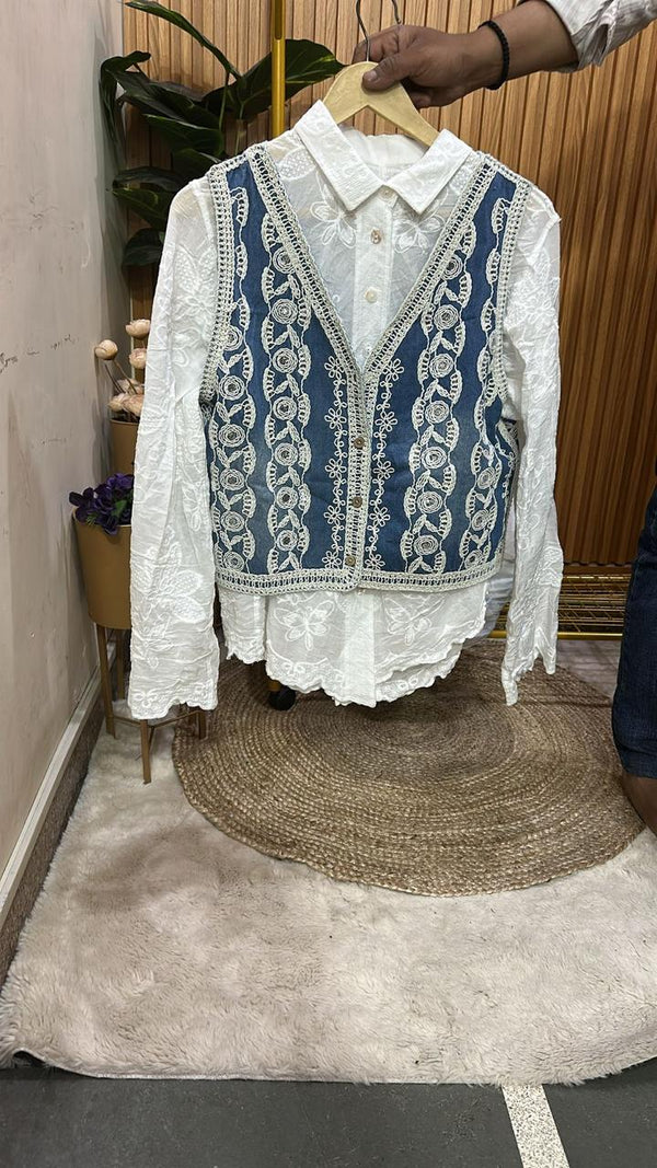 White Embroidered Shirt with Lace-Trimmed Denim Vest"