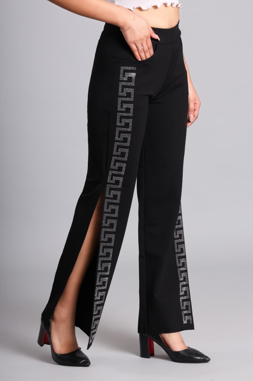High waist square design side stone cut pant - Black