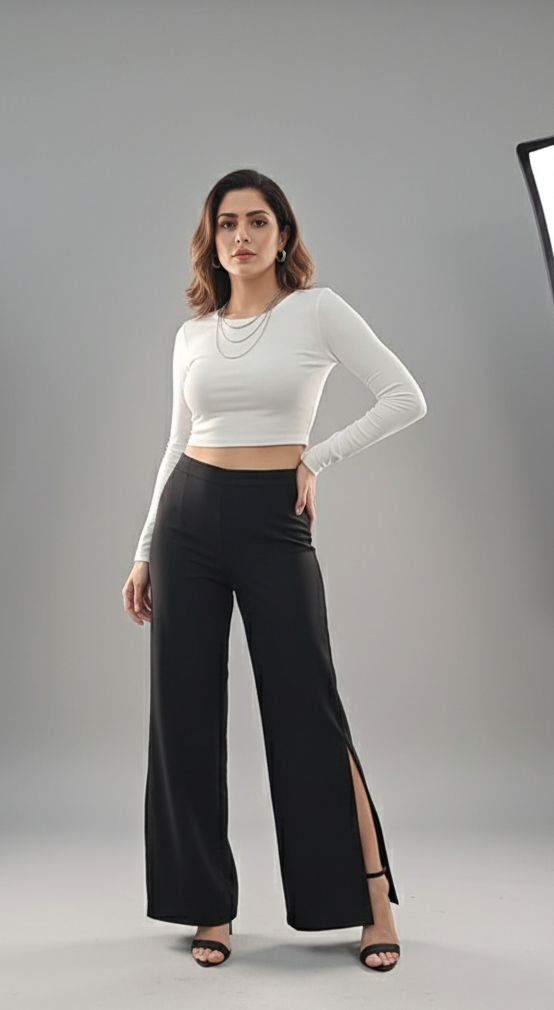 Women high waist side slit straight Pant  black