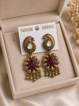 Antique Gold Peacock Drop Earrings with Stone
