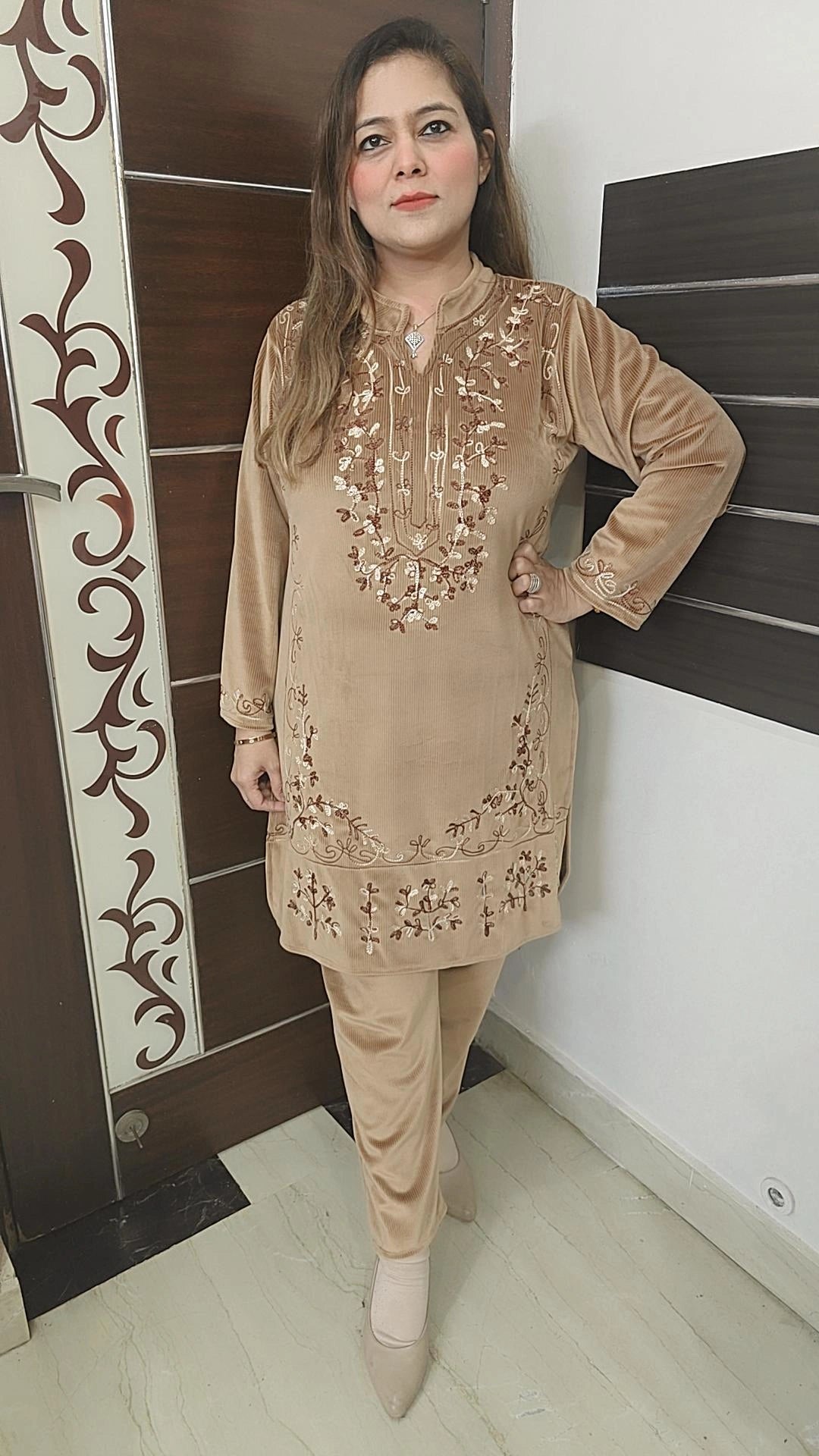 Velvet cordset with kashmiri thread work