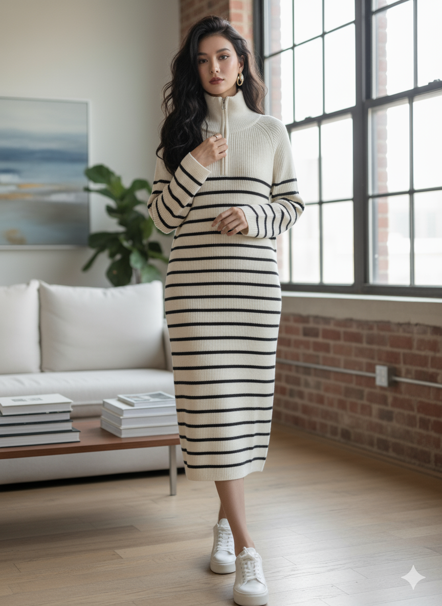 Chic Winter Stripes Midi Dress