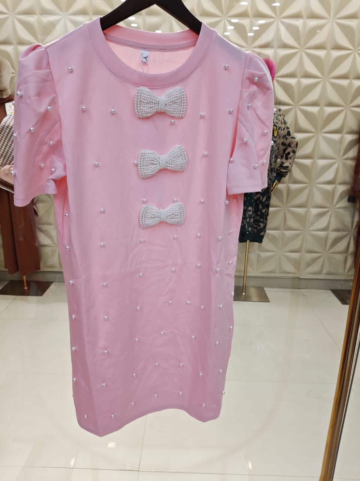Pretty  Pearl-Embellished Dress with Bow Detailing