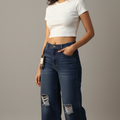 High-Waist Distressed Wide-Leg Jeans