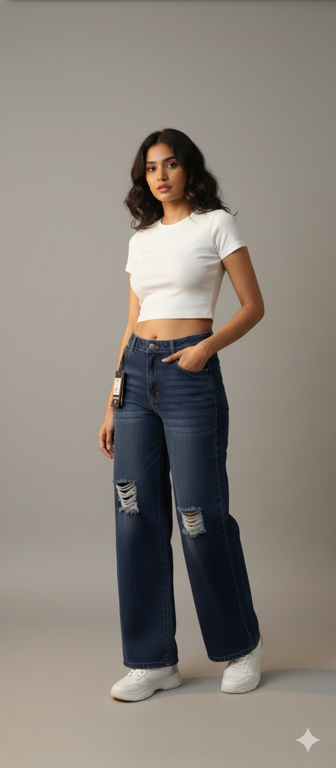 High-Waist Distressed Wide-Leg Jeans