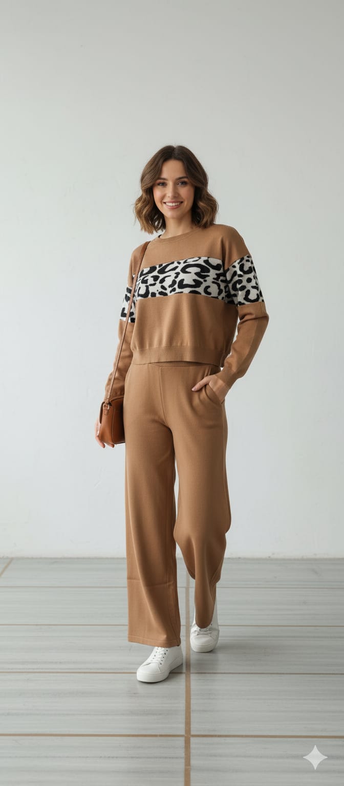Trendy Winter Co-ord Set with Animal Print Accent – Casual Chic"