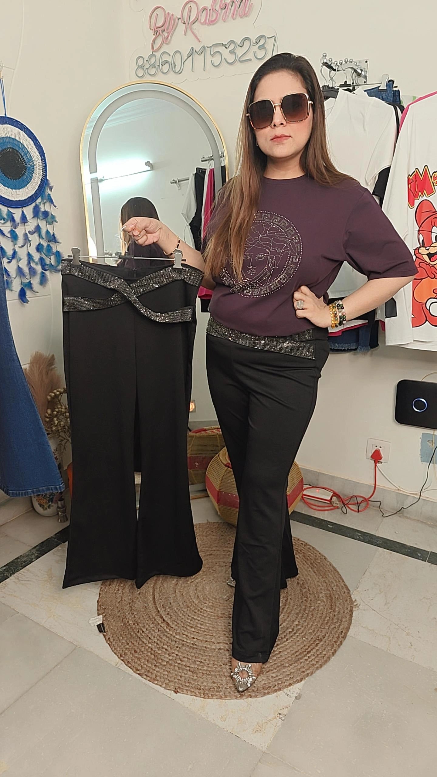 Black Elegance – Glitter Waist Flared Pants