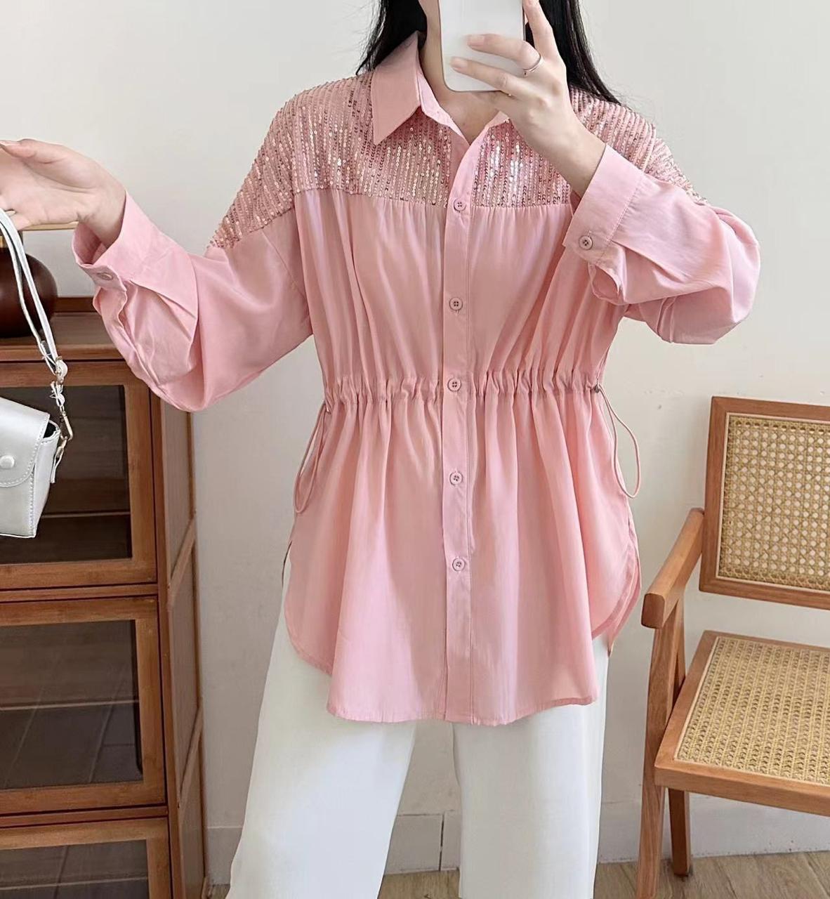 "Elegant Pink Sequin Shirt with Drawstring Waist – Chic & Stylish Look"