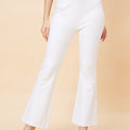 Women White Opaque Stretchable High-Rise Flat Front Bootcut Trousers